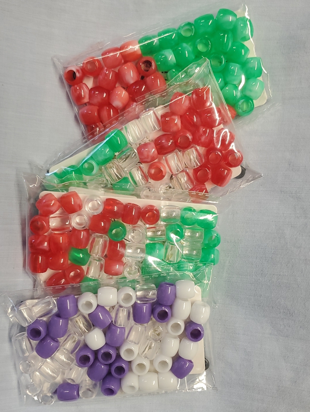 4 Packs Assorted Plastic Pony Beads Pack - Red, Green, White, Purple, Clear